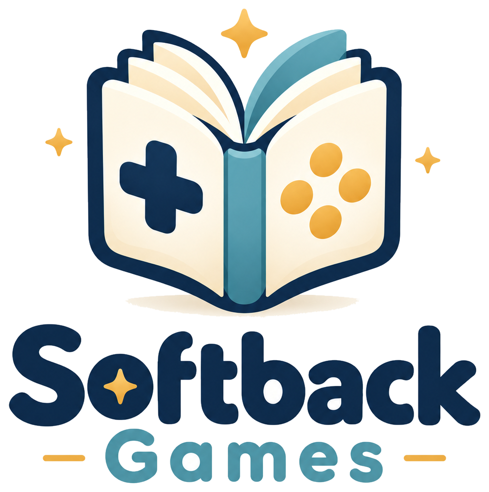 세워 펼친 책의 왼쪽에 방향키, 오른쪽에 네 개의 게임 버튼, 아래 Softback Games 글자가 있는 공식 로고